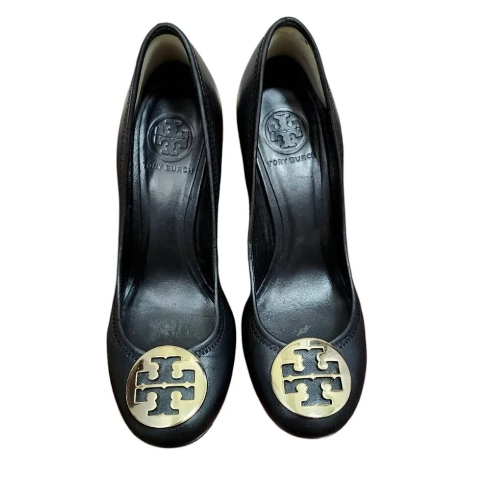 Tory Burch Black Leather Wedge Pumps with Gold Logo